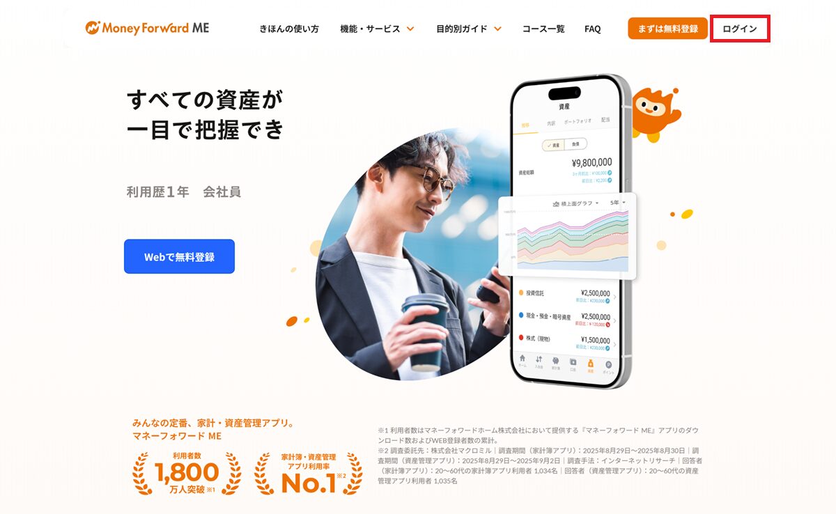 「マネーフォワードME」のトップ画面にて、「ログイン」をクリックする手順
