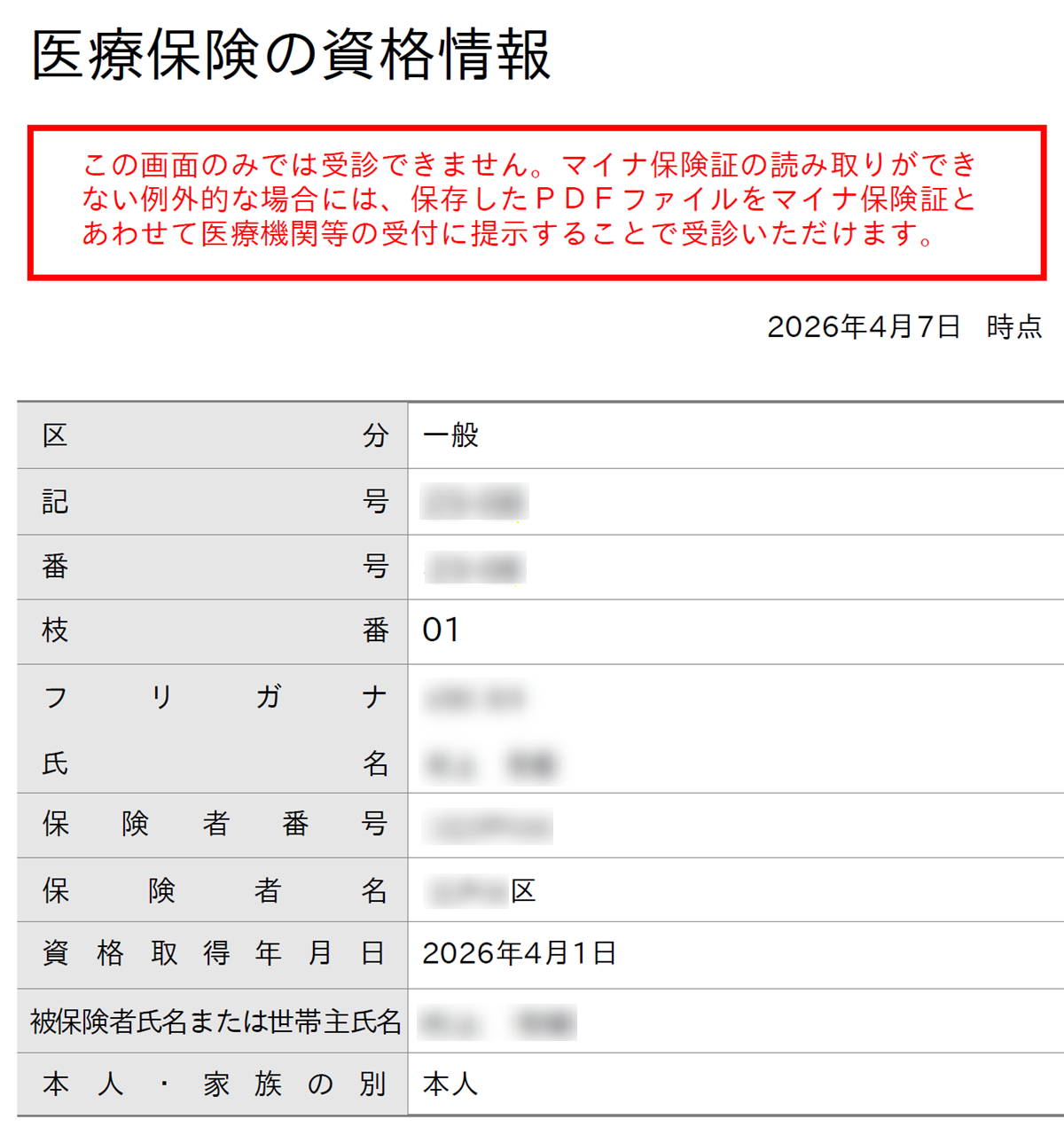 医療保険の資格情報を表示している。国民健康保険になっていることを確認できる。