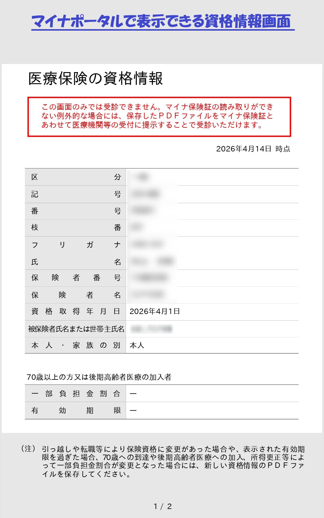 マイナポータルで表示できる資格情報画面です