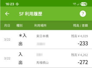 モバイルSuicaアプリにて、SF利用履歴を表示させている画面。