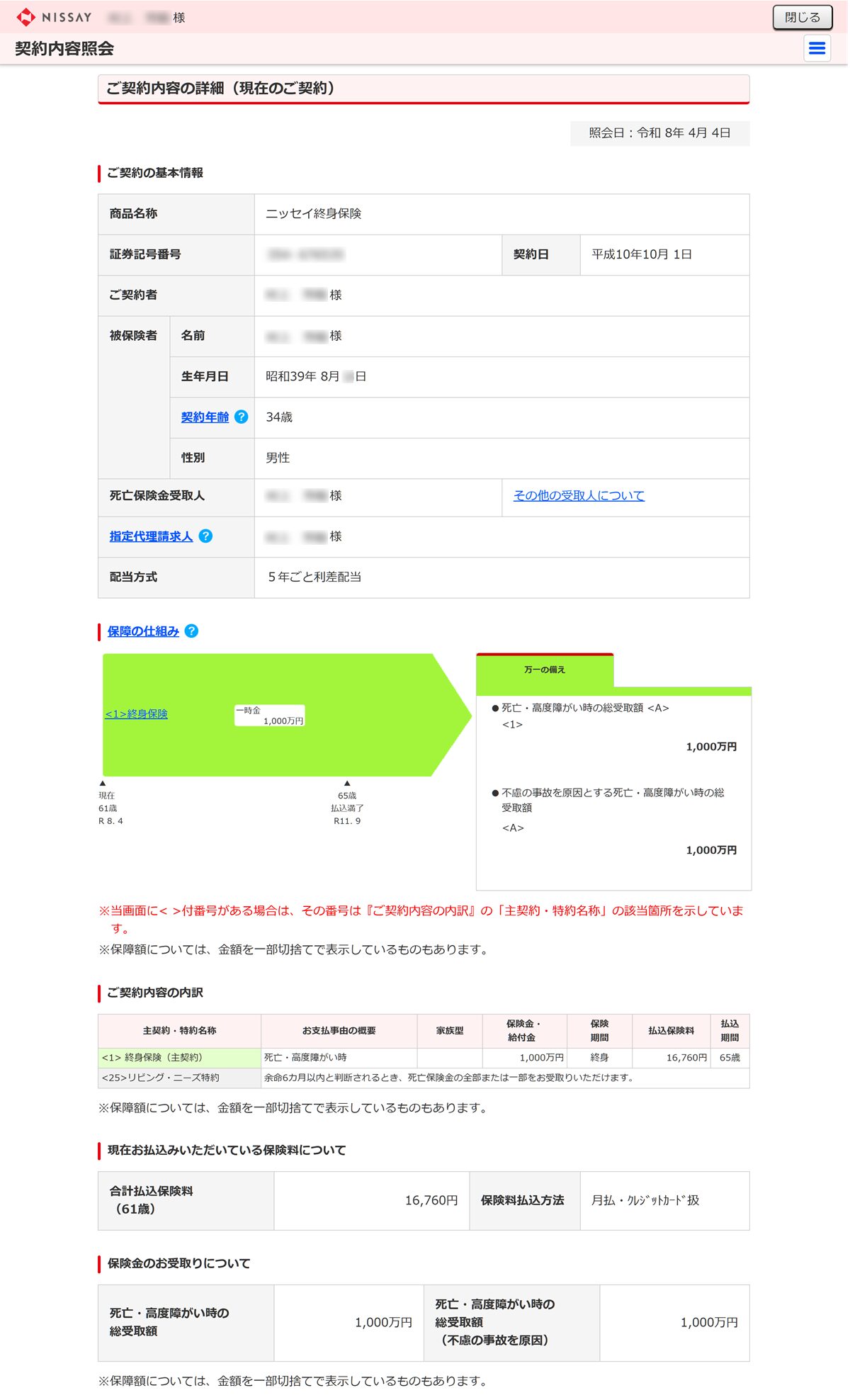 日本生命の「ニッセイ終身保険」の契約内容全般を表示した画面