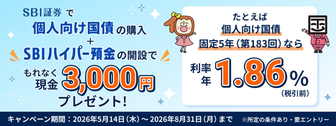 個人向け国債購入&SBIハイパー預金開設で「3,000円」キャンペーンの概要を表示した画面