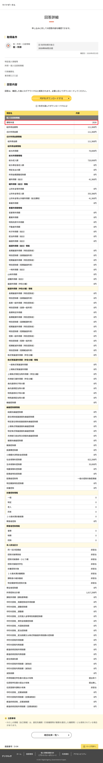 マイナポータルの「わたしの情報」にて、課税年度「2026年」の住民税情報の詳細が表示されている画面