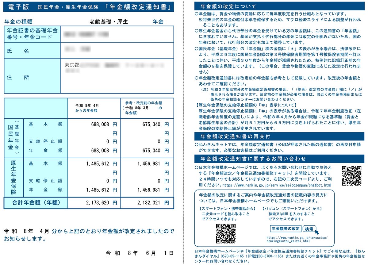 「年金額改定通知書」の原本。年金支払額が詳細に印字されている。