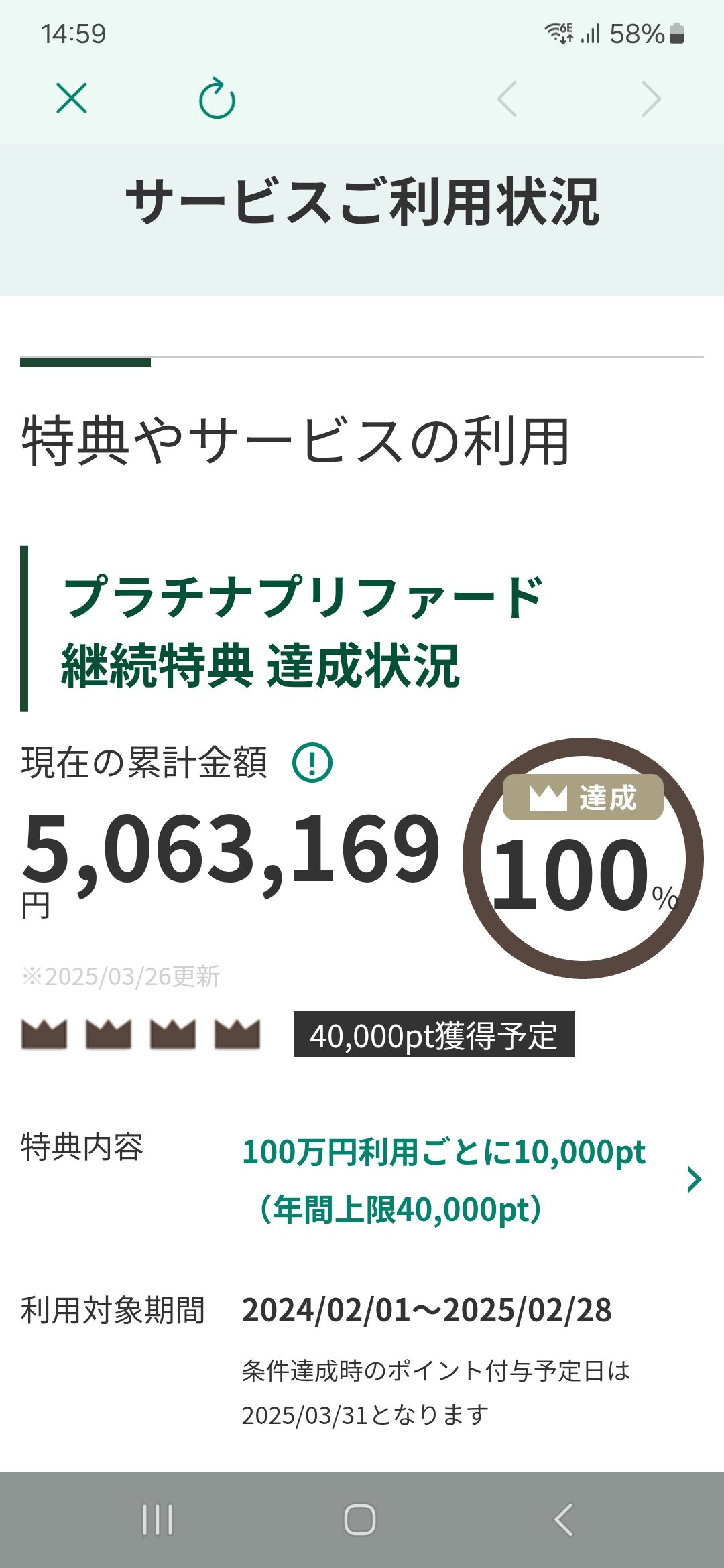プラチナプリファードの年間利用額(5,063,169円)を表示した画面