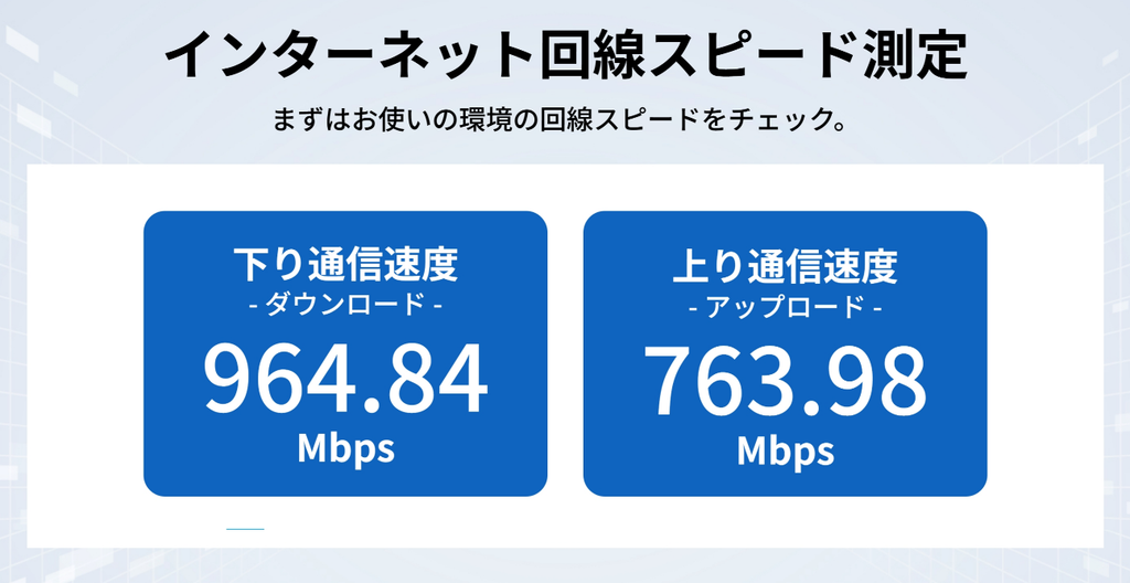 PC(有線LAN接続)での回線スピードを示した画像。下り:約965Mbps、上り:約764Mbps