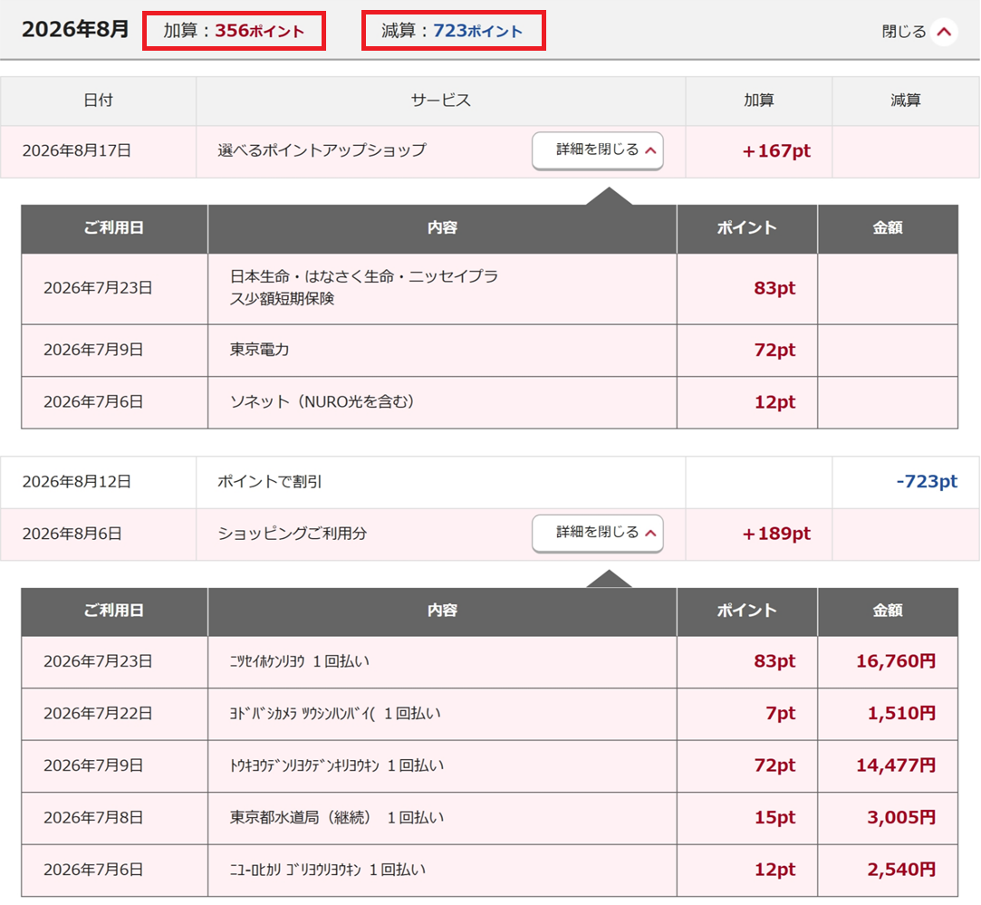 2026年8月のポイント明細（37,569円）